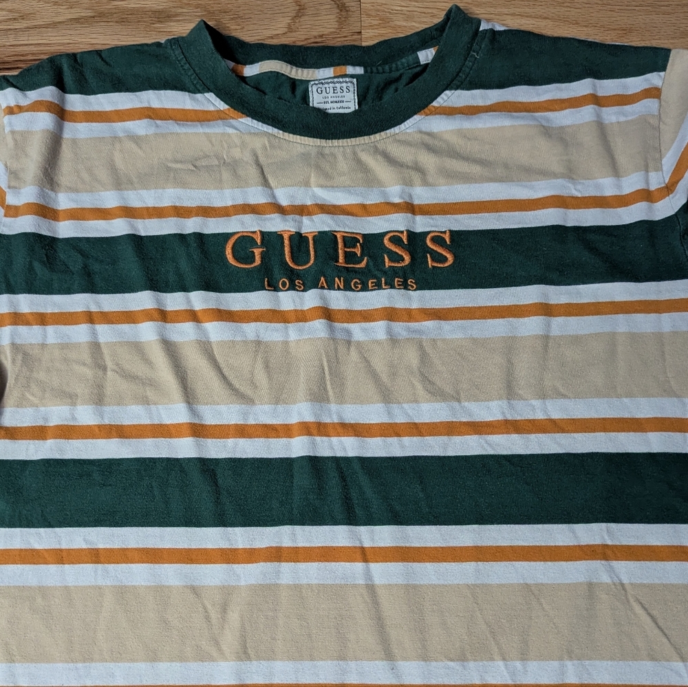 Vintage Guess Men XL TShirt Green Orange Los Angeles Striped Made in India